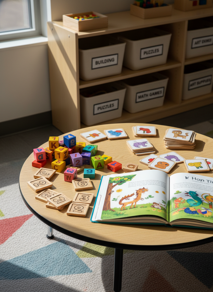 An engaging activity-based learning station with a low, circular wooden table covered in tactile educational materials: colorful wooden alphabet blocks, textured number tiles, simple picture matching cards, and a large illustrated storybook propped open. The table stands on a soft, patterned rug with muted primary colors, while nearby open shelves store labeled baskets of learning games and manipulatives. Gentle morning sunlight streams through a nearby window, creating warm highlights on the wood and soft shadows that add depth without distraction. Photographic realism, shot from a slightly elevated angle with shallow depth of field that keeps the table crisp and the shelves subtly blurred. The mood is nurturing and structured, showcasing foundational learning through play in a professional, child-centered nonprofit classroom setting.