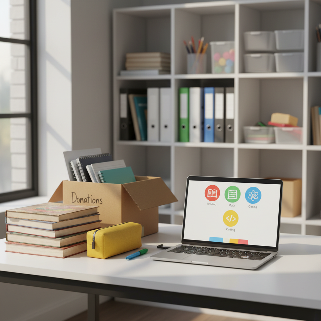 A modern digital learning corner featuring a slim, open laptop on a matte white table, its screen displaying a colorful educational interface with icons for reading, math, science, and coding. Next to it, a sturdy stack of children’s textbooks with worn edges, a bright yellow pencil case slightly unzipped, and a simple cardboard box labeled “Donations” filled with notebooks. In the background, tall shelves neatly hold educational supplies and labeled folders. Soft, diffused afternoon light from a large side window illuminates the scene, creating a calm, focused atmosphere. Photographic realism, shot at a slightly elevated angle with balanced composition and gentle background blur, emphasizing the integration of foundational learning and digital literacy in a professional nonprofit setting.